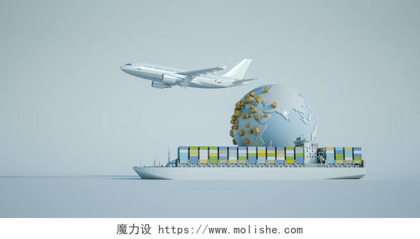 一架飞行的飞机和一艘集装箱船环绕的地球国际物流配送空运